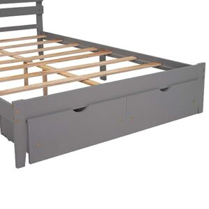 DUNTRKDU Queen Size Pine Platform Bed Frame with 2 Storage Drawer, Modern Classic Platform Bed with Headboard/Wood Slats Support/Easy Assemble for Bedroom Apartment Girls Boys Teens (Gray, Queen)