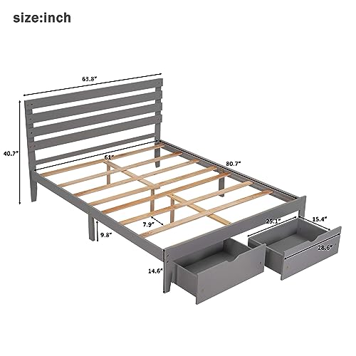 DUNTRKDU Queen Size Pine Platform Bed Frame with 2 Storage Drawer, Modern Classic Platform Bed with Headboard/Wood Slats Support/Easy Assemble for Bedroom Apartment Girls Boys Teens (Gray, Queen)