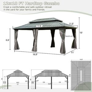 Domi 12' X 18' Hardtop Gazebo, Aluminum Metal Gazebo with Galvanized Steel Double Roof Canopy, Curtain and Netting, Permanent Gazebo Pavilion for Patio, Backyard, Deck, Lawn