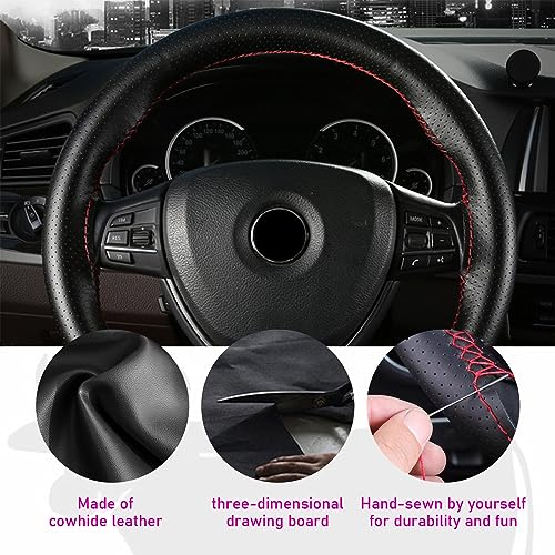 Ziciner Genuine Leather Steering Wheel Cover, Stitch on Wrap, Breathable Anti-Slip Car Steering Wheel Protector for Max Diameter 15 Inch, DIY Sewing with Needle Thread (Black, Hole)