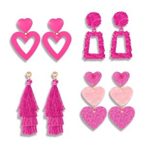 linonkey 4 pcs barbie pink heart earrings set hot pink earrings for women lover earrings pink heart dangle earrings tassel earrings for women lightweight barbie earrings for women (4 pcs)