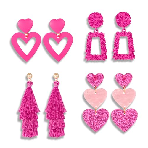 LINONKEY 4 Pcs Barbie Pink Heart Earrings Set Hot Pink Earrings for Women Lover Earrings Pink Heart Dangle Earrings Tassel Earrings for Women Lightweight Barbie Earrings for Women (4 pcs)