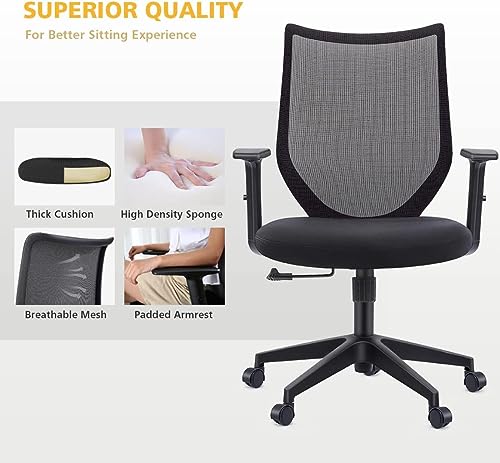 ETasker Ergonomic Office Chair Home: Mesh Desk Chair with Adjustable Arms - Mid Back Computer Chairs for Women Adults - Swivel Task Chair Comfortable for Home Office (Black)