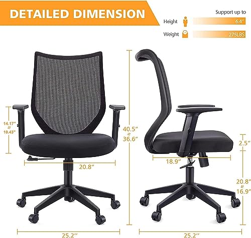 ETasker Ergonomic Office Chair Home: Mesh Desk Chair with Adjustable Arms - Mid Back Computer Chairs for Women Adults - Swivel Task Chair Comfortable for Home Office (Black)