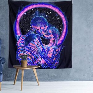 BIECWIAY Skull Kiss Lover Blacklight Tapestry for Bedroom Tapestry UV Reactive Fantasy Skeleton Trippy Tapestry Black Light Tapestry Aesthetic Wall Hanging for Room Home Decor