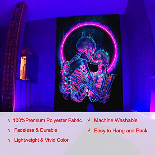 BIECWIAY Skull Kiss Lover Blacklight Tapestry for Bedroom Tapestry UV Reactive Fantasy Skeleton Trippy Tapestry Black Light Tapestry Aesthetic Wall Hanging for Room Home Decor