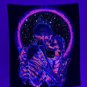 BIECWIAY Skull Kiss Lover Blacklight Tapestry for Bedroom Tapestry UV Reactive Fantasy Skeleton Trippy Tapestry Black Light Tapestry Aesthetic Wall Hanging for Room Home Decor