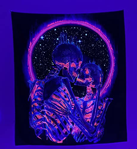 BIECWIAY Skull Kiss Lover Blacklight Tapestry for Bedroom Tapestry UV Reactive Fantasy Skeleton Trippy Tapestry Black Light Tapestry Aesthetic Wall Hanging for Room Home Decor