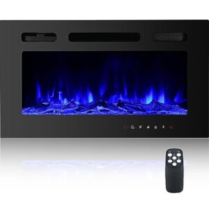 30" electric fireplace recessed and wall mounted led fireplace with remote control 8h timer, 12 flames,touch screen, in-wall fireplace with log & crystal hearth for living room