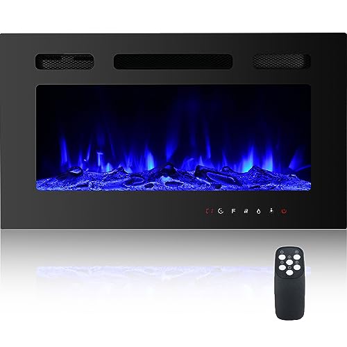 30" Electric Fireplace Recessed and Wall Mounted LED Fireplace with Remote Control 8h Timer, 12 Flames,Touch Screen, in-Wall Fireplace with Log & Crystal Hearth for Living Room