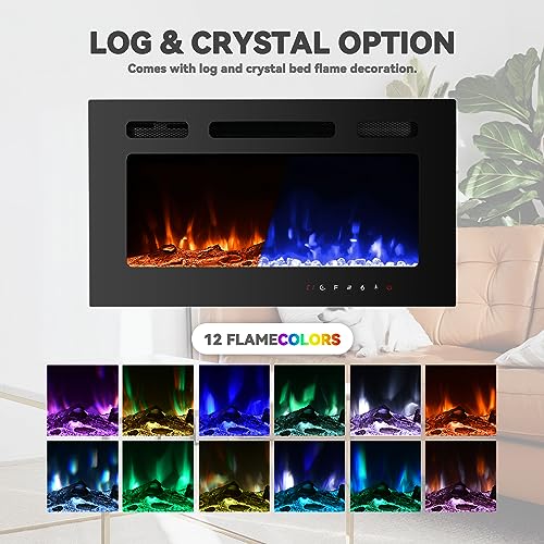 30" Electric Fireplace Recessed and Wall Mounted LED Fireplace with Remote Control 8h Timer, 12 Flames,Touch Screen, in-Wall Fireplace with Log & Crystal Hearth for Living Room