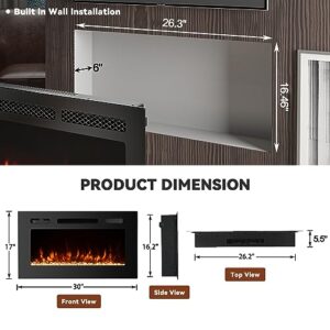30" Electric Fireplace Recessed and Wall Mounted LED Fireplace with Remote Control 8h Timer, 12 Flames,Touch Screen, in-Wall Fireplace with Log & Crystal Hearth for Living Room