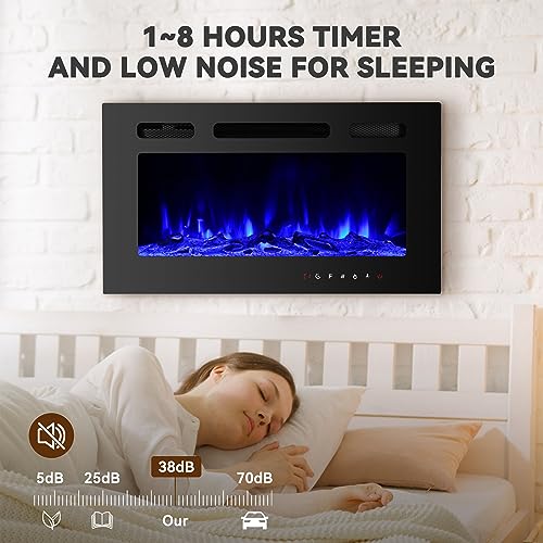 30" Electric Fireplace Recessed and Wall Mounted LED Fireplace with Remote Control 8h Timer, 12 Flames,Touch Screen, in-Wall Fireplace with Log & Crystal Hearth for Living Room