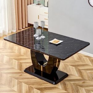 Modern Rectangular Marble Dining Table for 6-8 with Black Marble Tabletop and Black U-Shape Pedestal for Kitchen Dining Living Meeting Room Banquet Hall (Black10)
