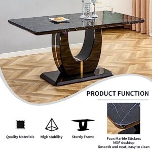 Modern Rectangular Marble Dining Table for 6-8 with Black Marble Tabletop and Black U-Shape Pedestal for Kitchen Dining Living Meeting Room Banquet Hall (Black10)