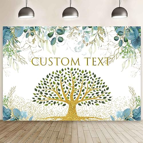 AIBIIN 7x5ft Family Reunion Custom Backdrop Eucalyptus Leaves Family Tree Photography Background Green Gold Tree Greenery Leaves Party Decor Gold Glitter Banner Family Party Cake Smash Photo Props