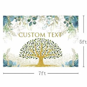 AIBIIN 7x5ft Family Reunion Custom Backdrop Eucalyptus Leaves Family Tree Photography Background Green Gold Tree Greenery Leaves Party Decor Gold Glitter Banner Family Party Cake Smash Photo Props