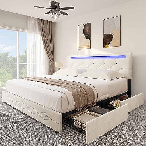 YITAHOME Bed Frame Queen Size, Led Bed Frame with 4 Storage Drawers, Adjustable Upholstered Headboard Platform Bed with Wooden Slats Support, No Box Spring Needed, Beige