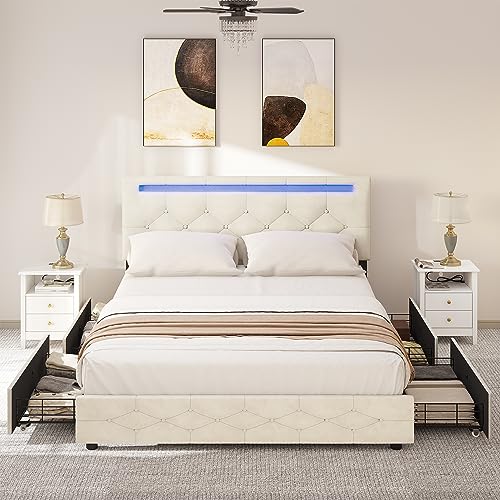 YITAHOME Bed Frame Queen Size, Led Bed Frame with 4 Storage Drawers, Adjustable Upholstered Headboard Platform Bed with Wooden Slats Support, No Box Spring Needed, Beige