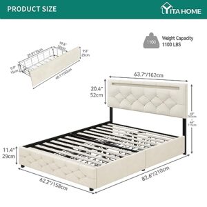 YITAHOME Bed Frame Queen Size, Led Bed Frame with 4 Storage Drawers, Adjustable Upholstered Headboard Platform Bed with Wooden Slats Support, No Box Spring Needed, Beige