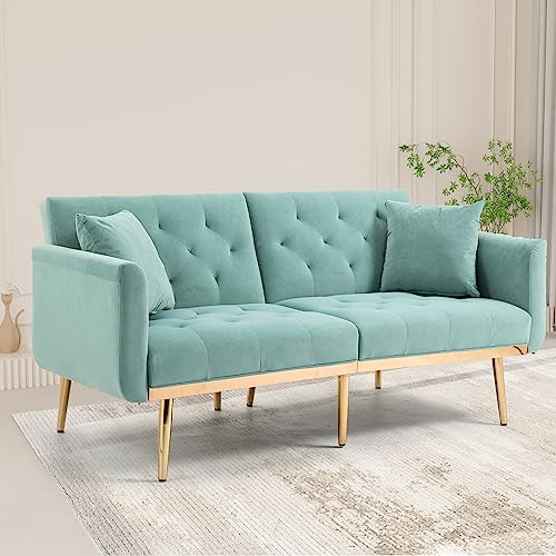 Kootlena Contemporary 65 inch Sectional Sofa, Velvet Sleeper Sofa, Modern Futon Sofa Bed, Reversible Loveseat Sofa with Rose Gold Metal Feet, Accent Sofa Bed Couches for Living Room Bedroom (Mint)