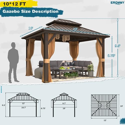 EROMMY 10' x 12' Gazebo, Galvanized Steel Double Roof Hardtop Gazebo with Aluminum Frame, Permanent Outdoor Metal Pavilion with Curtain and Netting for Patio, Lawn and Garden