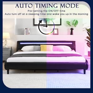 Gustonhon King Size Modern Upholstered Platform Bed Frame with RGB LED Lights Leather Headboard,Faux Leather Wave-Like Low Bed Frame,Strong Wood Slats Support, Easy Assembly(Black, King)