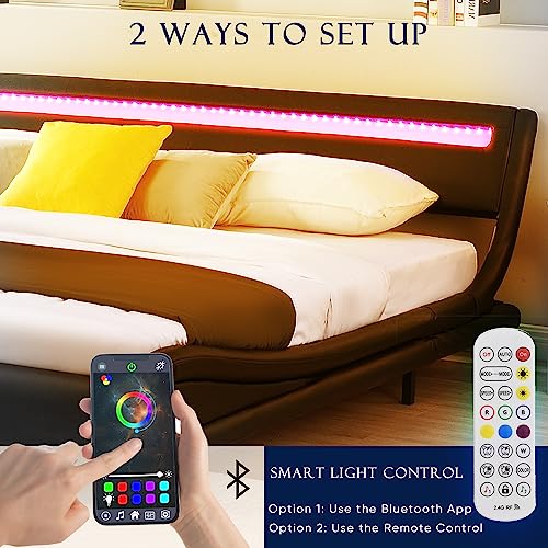 Gustonhon King Size Modern Upholstered Platform Bed Frame with RGB LED Lights Leather Headboard,Faux Leather Wave-Like Low Bed Frame,Strong Wood Slats Support, Easy Assembly(Black, King)