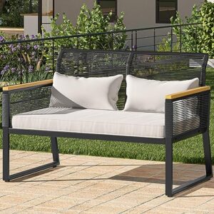 yitahome patio furniture wicker outdoor loveseat, rattan conversation loveseat for backyard, balcony and deck with wooden armrest, off-white cushions (black)