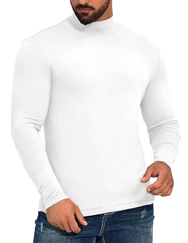 ZAFUL Mens Long Sleeve Mock Turtleneck T-Shirts Casual Thermal Pullover Top Slim Fit Stretch Basic Undershirt White M