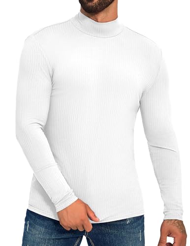 ZAFUL Mens Long Sleeve Mock Turtleneck T-Shirts Casual Thermal Pullover Top Slim Fit Stretch Basic Undershirt White M