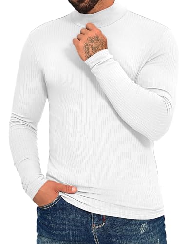 ZAFUL Mens Long Sleeve Mock Turtleneck T-Shirts Casual Thermal Pullover Top Slim Fit Stretch Basic Undershirt White M