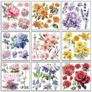 heflashor 9 sheets flower rub on transfers,5.9 x5.9 inch flower rub on transfer stickers for crafts and furniture, classic vintage floral decals for furniture home office paper wood diy crafts
