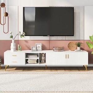 lumisol mid-century modern tv stand for 75+" tv, entertainment center with cabinets and drawers, wood tv console table with open shelves and gold legs for living room, bedroom