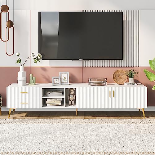 LUMISOL Mid-Century Modern TV Stand for 75+" TV, Entertainment Center with Cabinets and Drawers, Wood TV Console Table with Open Shelves and Gold Legs for Living Room, Bedroom