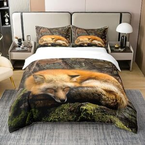 Fox 100% Cotton Duvet Cover Twin,Tree Branch Camo Bedding Set Jungle Wild Animal Woodland Hunting Comforter Cover for Boys Teen Men Rustic Farmhouse Bed Set Autumn Nature Camouflage Quilt Cover