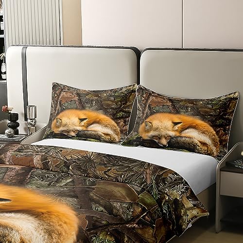Fox 100% Cotton Duvet Cover Twin,Tree Branch Camo Bedding Set Jungle Wild Animal Woodland Hunting Comforter Cover for Boys Teen Men Rustic Farmhouse Bed Set Autumn Nature Camouflage Quilt Cover