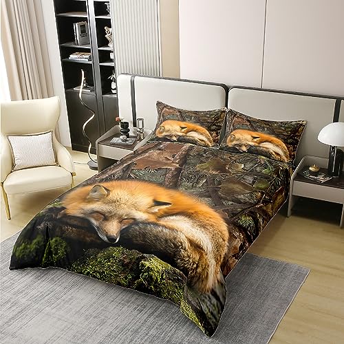 Fox 100% Cotton Duvet Cover Twin,Tree Branch Camo Bedding Set Jungle Wild Animal Woodland Hunting Comforter Cover for Boys Teen Men Rustic Farmhouse Bed Set Autumn Nature Camouflage Quilt Cover