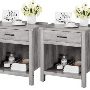 GAOMON Rustic Grey Nightstands Set of 2, Farmhouse End Table Beside Table with Storage Drawer, Modern Night Stand for Bedroom, Wood Side Table for Living Room, College Dorm