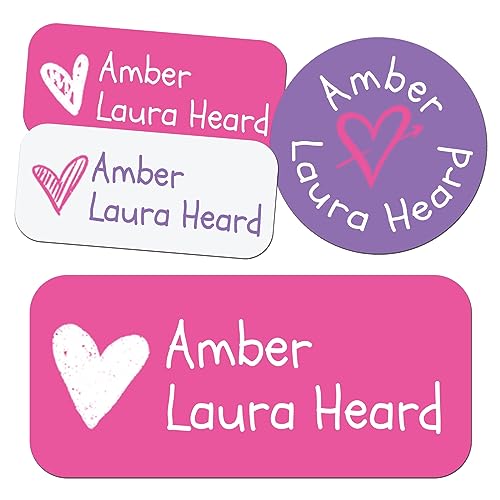 KOMVIOO 160 Custom Personalized Daycare Name Labels (4 Sizes) for Water Bottles, Lunch Boxes, and Clothing Labels Custom Waterproof Name Labels (Hearts)