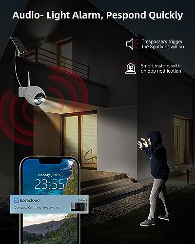 WESECUU Solar Security Cameras Wireless Outdoor, 2K 2.4GHz WiFi Cameras for Home Security Outside Battery Powered with Motion Detection Spotlight Siren Alarm Night Vision Two Way Audio Cloud/SD