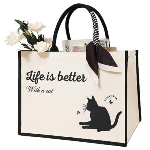 adoryoung cute tote bags, 16oz, 3 pockets, cat large travel monogram tote bags for women, anti-scratch lining large personalized tote purse bag with zipper, the canvas school gift tote bag for women