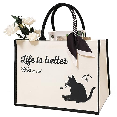 Adoryoung Cute Tote Bags, 16Oz, 3 Pockets, Cat Large Travel Monogram Tote Bags for Women, Anti-Scratch Lining Large Personalized Tote Purse Bag with Zipper, The Canvas School Gift Tote Bag for Women