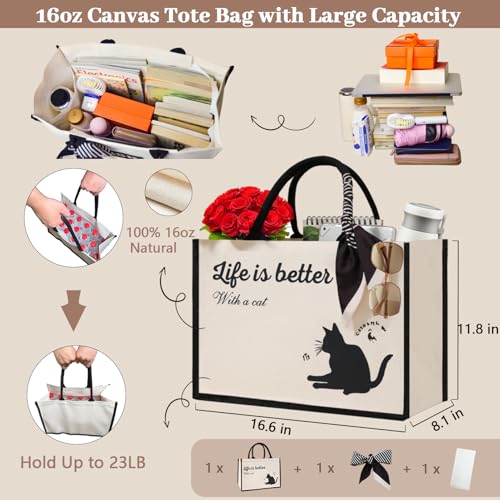 Adoryoung Cute Tote Bags, 16Oz, 3 Pockets, Cat Large Travel Monogram Tote Bags for Women, Anti-Scratch Lining Large Personalized Tote Purse Bag with Zipper, The Canvas School Gift Tote Bag for Women