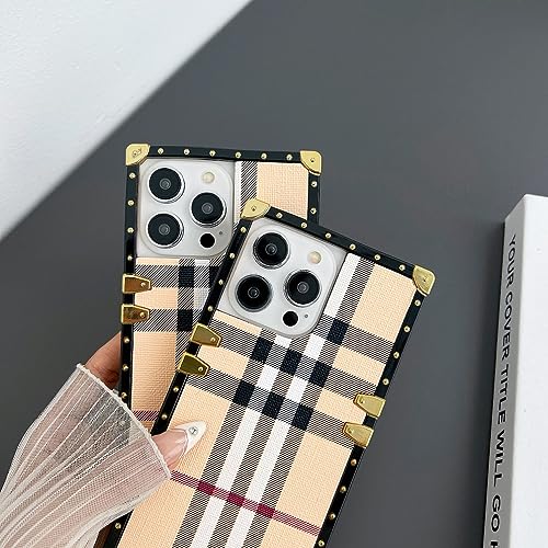Luxury Square Case Compatible with iPhone 14 Pro Max Case for Women Men,PU Leather Classic Checkered Style Pattern Protective Cover Case for iPhone 14Pro Max 6.7"-Yellow