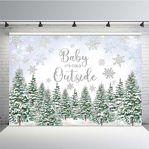 MEHOFOND 7x5ft Winter Baby Shower Backdrop Baby It's Cold Outside Snowflake Forest Pine Tree Green Photography Background Baby Shower for Boys Party Banner Decorations Photo Booth Props