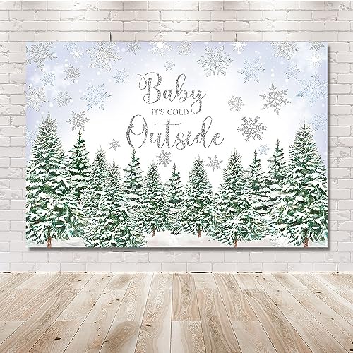 MEHOFOND 7x5ft Winter Baby Shower Backdrop Baby It's Cold Outside Snowflake Forest Pine Tree Green Photography Background Baby Shower for Boys Party Banner Decorations Photo Booth Props