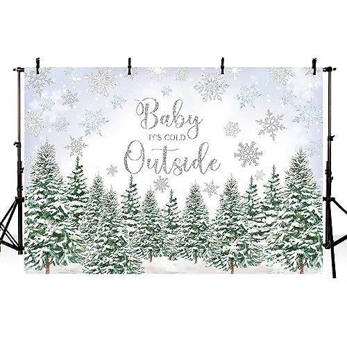 MEHOFOND 7x5ft Winter Baby Shower Backdrop Baby It's Cold Outside Snowflake Forest Pine Tree Green Photography Background Baby Shower for Boys Party Banner Decorations Photo Booth Props