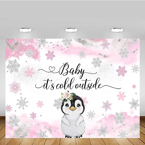 Mehofond 7x5ft Penguin Winter Baby Shower Backdrop Baby It's Cold Outside Pink Watercolor Background Artic Animals Newborn Baby Shower Party Banner Decorations Photo Booth Props