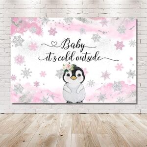 Mehofond 7x5ft Penguin Winter Baby Shower Backdrop Baby It's Cold Outside Pink Watercolor Background Artic Animals Newborn Baby Shower Party Banner Decorations Photo Booth Props